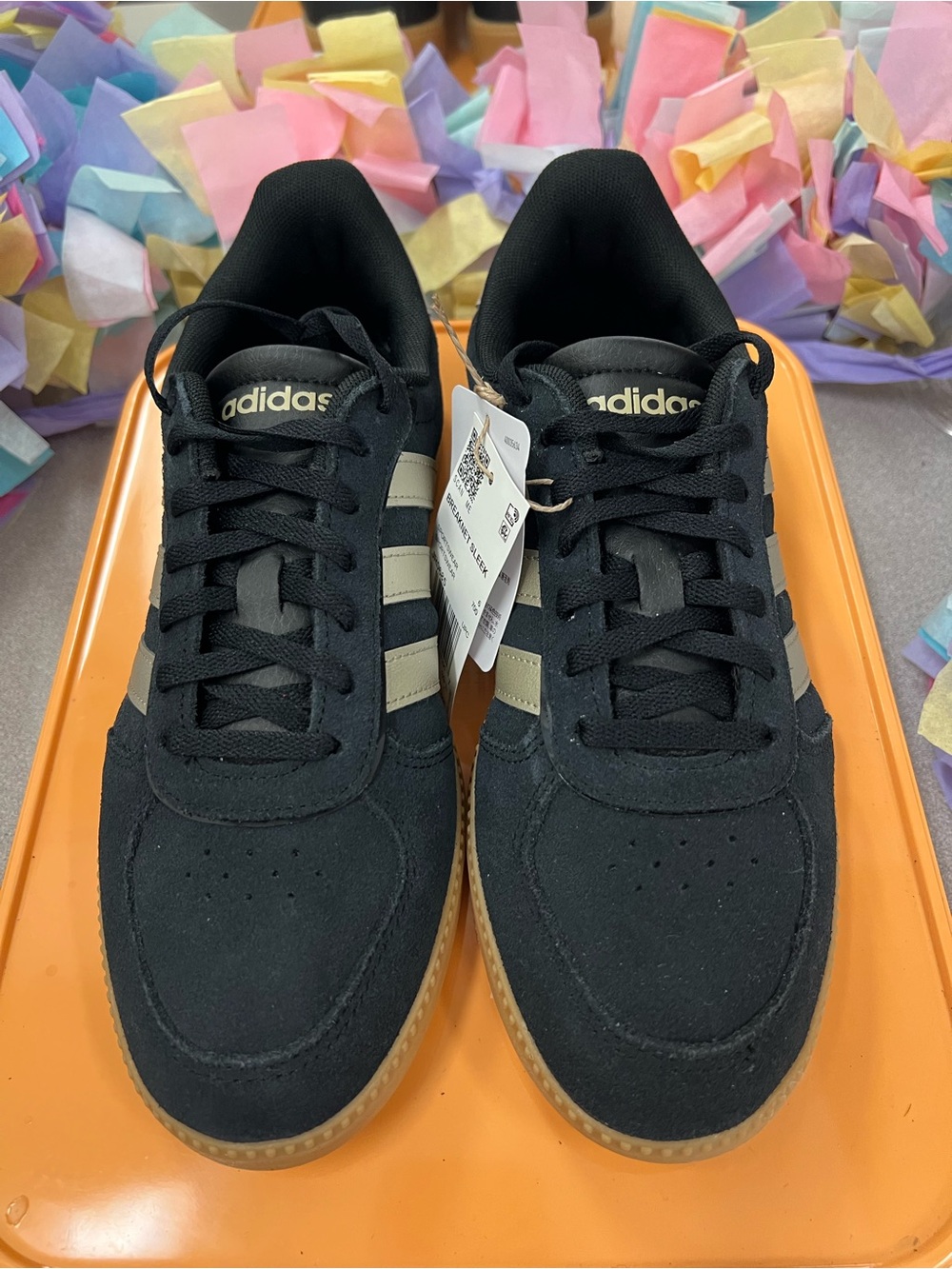 ❗️NWT❗️Adidas Sleeknet Black Suede Sneakers w/ Gold Stripes and Gum Sole - Picture 5 of 8